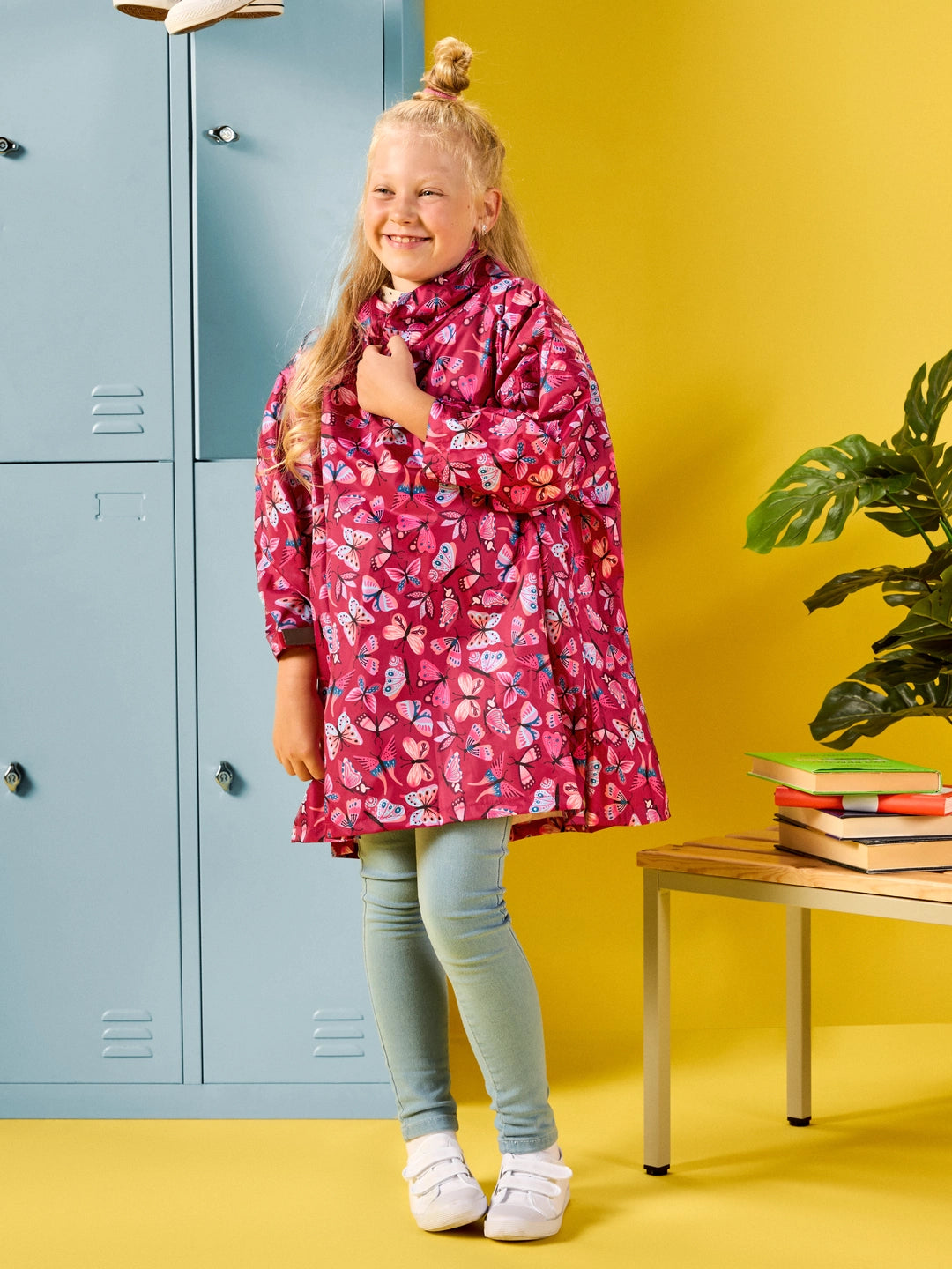 Poncho antipioggia per bambini, farfalle rosa buon umore