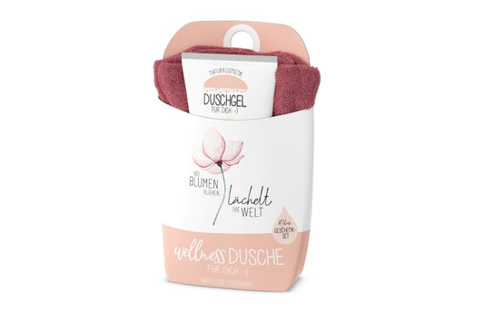 Duschgel mit Handtuch - Wo Blumen blühen,lächelt die Welt