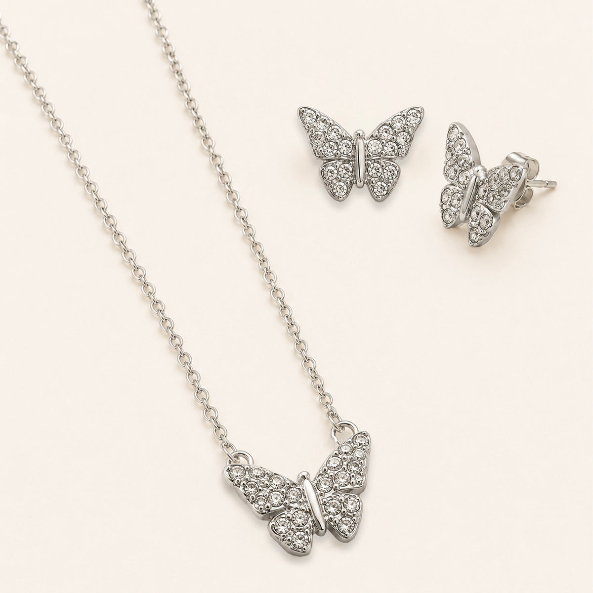 Schmetterling-Halskette und Ohrringe aus Stahl